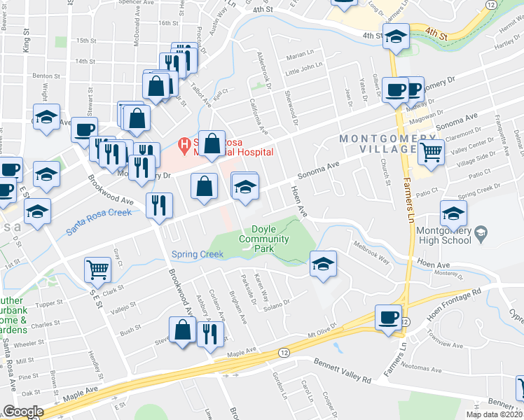 map of restaurants, bars, coffee shops, grocery stores, and more near 1424 Brookside Drive in Santa Rosa