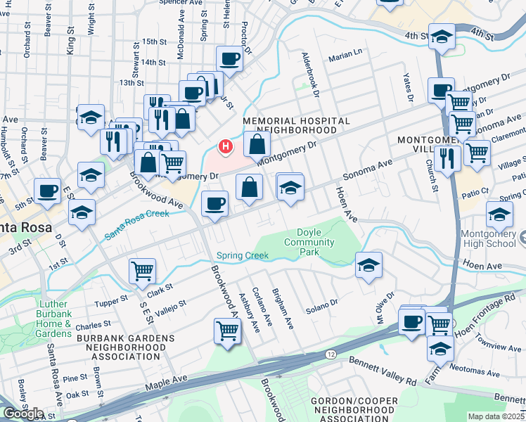 map of restaurants, bars, coffee shops, grocery stores, and more near 1114 Sonoma Avenue in Santa Rosa