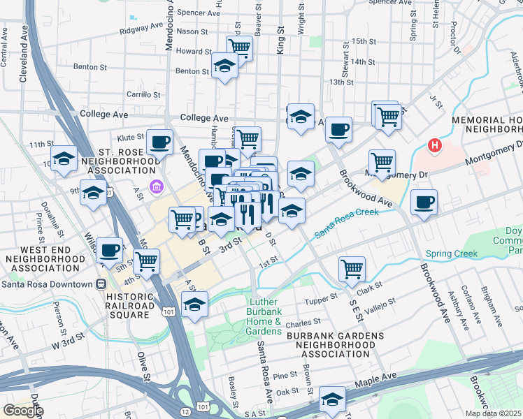 map of restaurants, bars, coffee shops, grocery stores, and more near 637 3rd Street in Santa Rosa
