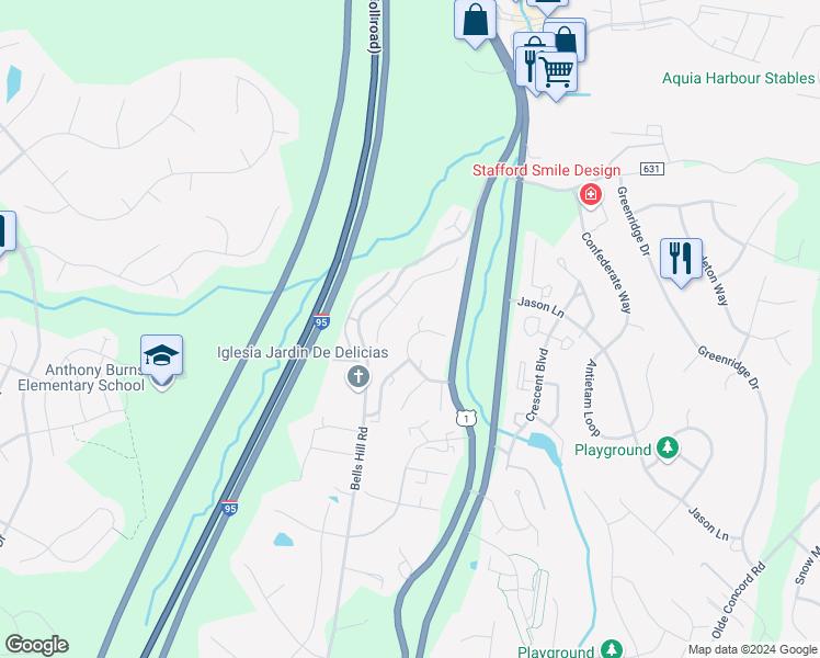 map of restaurants, bars, coffee shops, grocery stores, and more near 607 Twin Brook Lane in Stafford