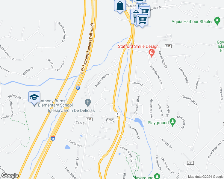 map of restaurants, bars, coffee shops, grocery stores, and more near 807 Twin Brook Lane in Stafford