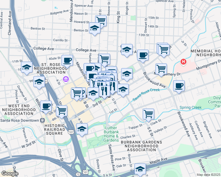 map of restaurants, bars, coffee shops, grocery stores, and more near 700 4th Street in Santa Rosa