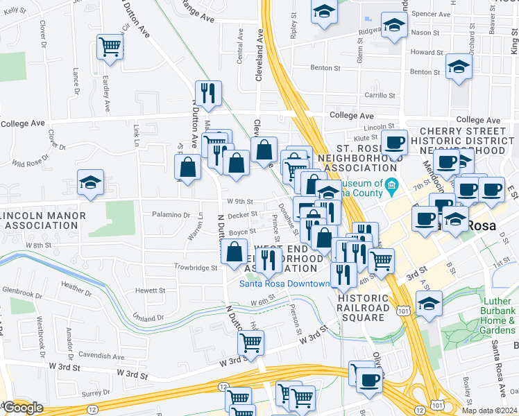 map of restaurants, bars, coffee shops, grocery stores, and more near 225 Decker Street in Santa Rosa