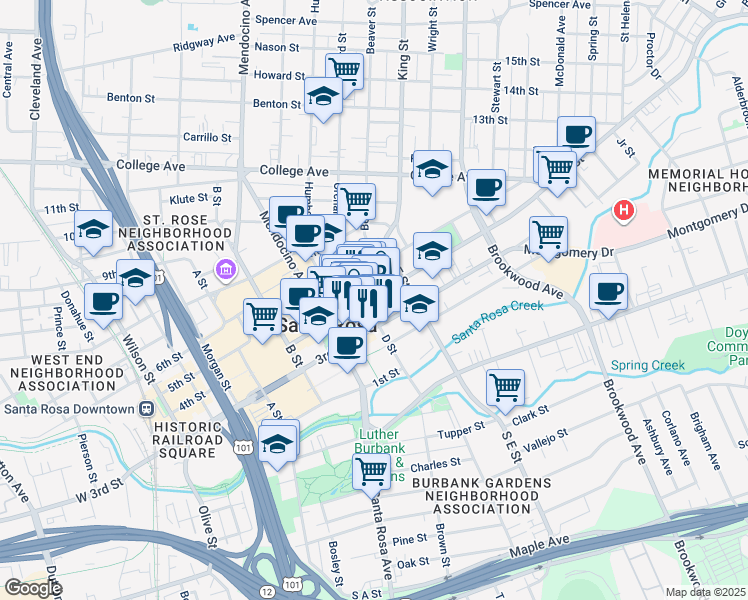 map of restaurants, bars, coffee shops, grocery stores, and more near 700 4th Street in Santa Rosa
