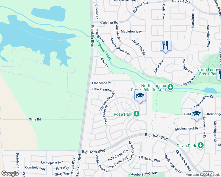map of restaurants, bars, coffee shops, grocery stores, and more near 5321 Lake Pleasant Drive in Elk Grove