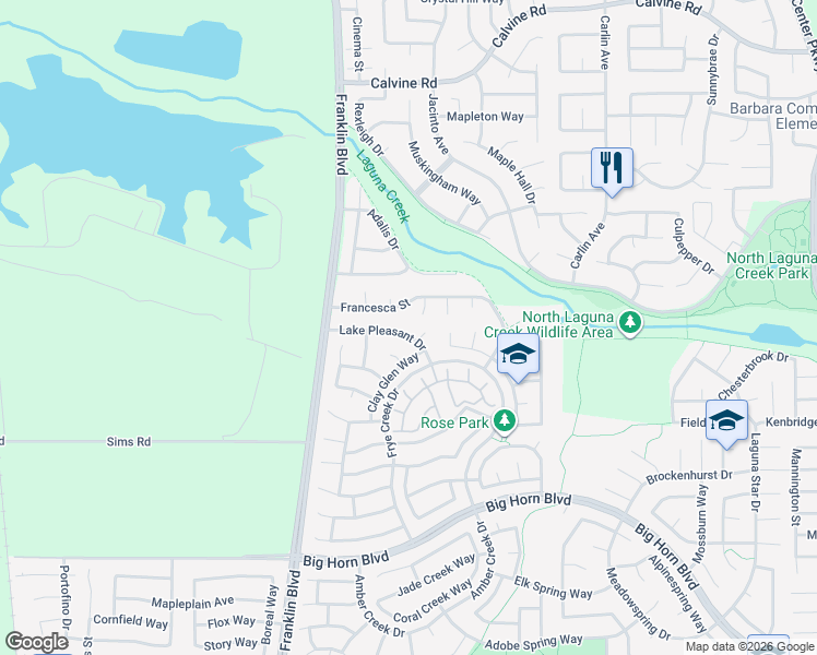 map of restaurants, bars, coffee shops, grocery stores, and more near 5280 Francesca Street in Elk Grove
