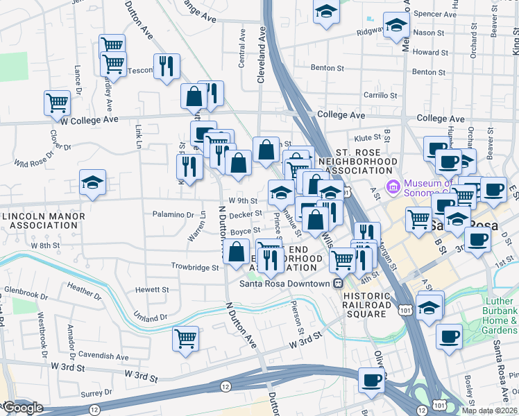 map of restaurants, bars, coffee shops, grocery stores, and more near 227 Decker Street in Santa Rosa
