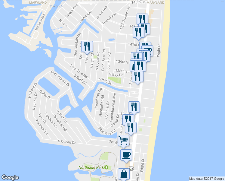 map of restaurants, bars, coffee shops, grocery stores, and more near 132 Peachtree Road in Ocean City