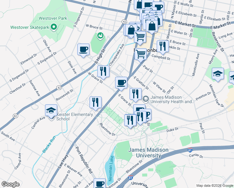 map of restaurants, bars, coffee shops, grocery stores, and more near 802 South Main Street in Harrisonburg