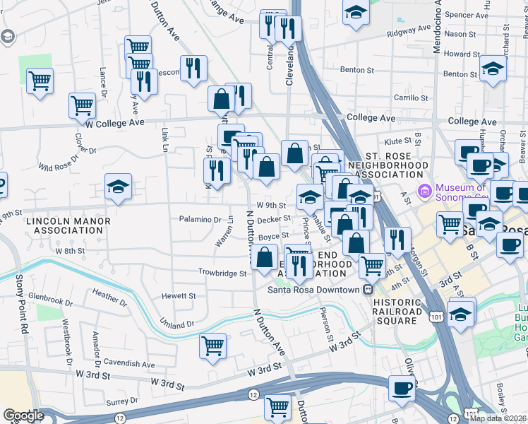 map of restaurants, bars, coffee shops, grocery stores, and more near 928 North Dutton Avenue in Santa Rosa