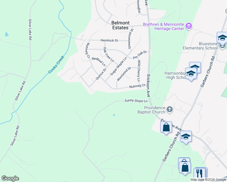 map of restaurants, bars, coffee shops, grocery stores, and more near 3184 West Wind Drive in Harrisonburg