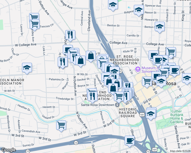map of restaurants, bars, coffee shops, grocery stores, and more near 103 Decker Street in Santa Rosa