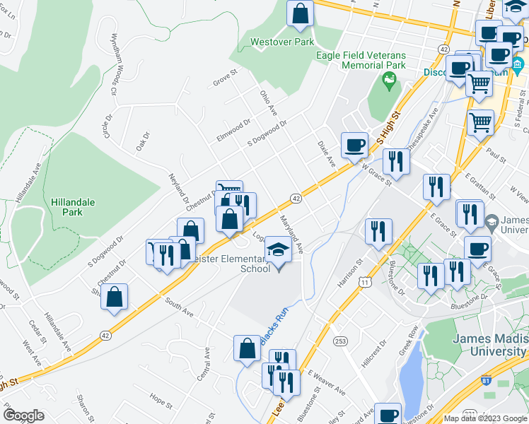 map of restaurants, bars, coffee shops, grocery stores, and more near 825 South High Street in Harrisonburg