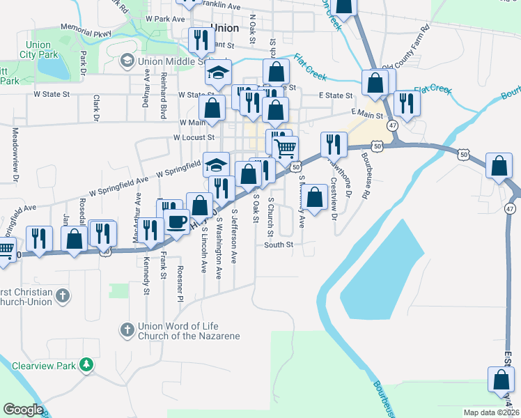 map of restaurants, bars, coffee shops, grocery stores, and more near 410 South North Oak Street in Union