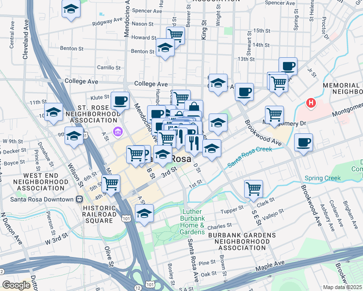 map of restaurants, bars, coffee shops, grocery stores, and more near 700 5th Street in Santa Rosa