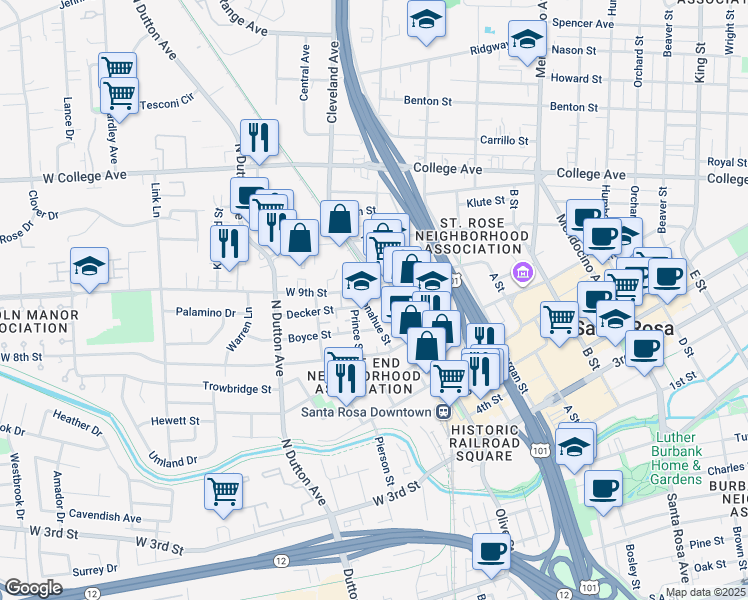 map of restaurants, bars, coffee shops, grocery stores, and more near 5 West 9th Street in Santa Rosa