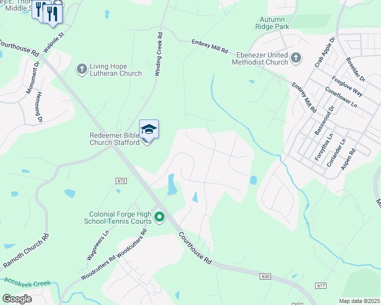 map of restaurants, bars, coffee shops, grocery stores, and more near 33 Shermans Ridge Road in Stafford