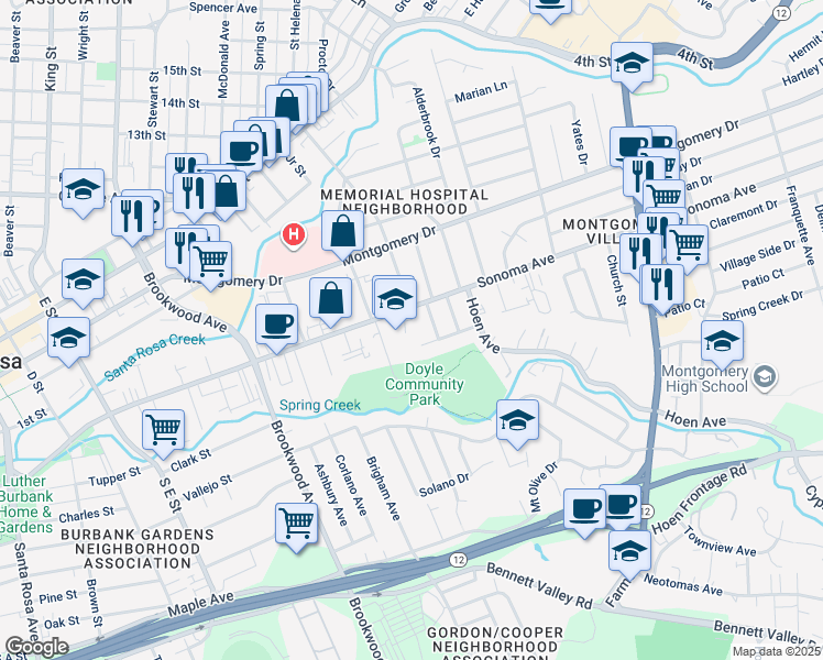 map of restaurants, bars, coffee shops, grocery stores, and more near 1350 Sonoma Avenue in Santa Rosa