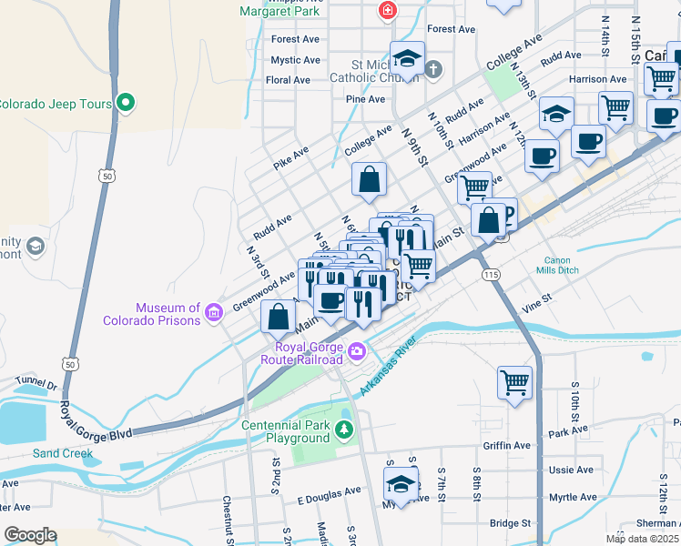 map of restaurants, bars, coffee shops, grocery stores, and more near Macon Ave & N 5th St in Cañon City