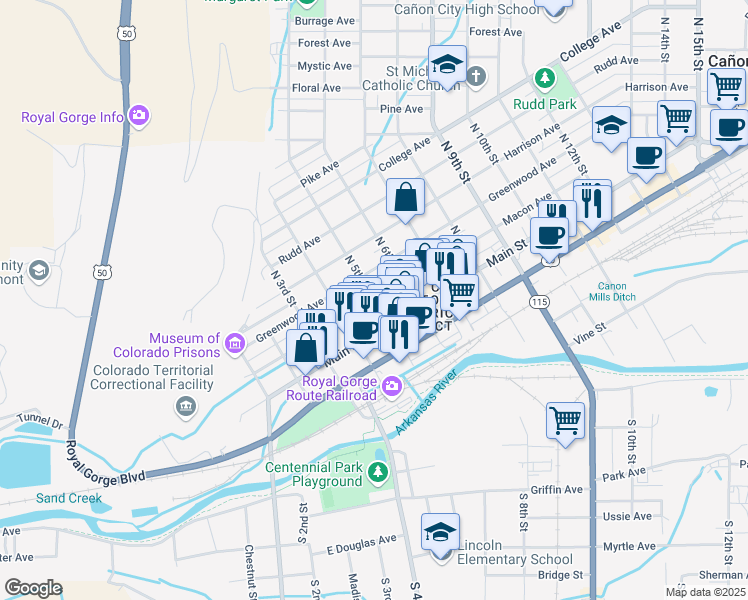 map of restaurants, bars, coffee shops, grocery stores, and more near Macon Ave & N 5th St in Cañon City