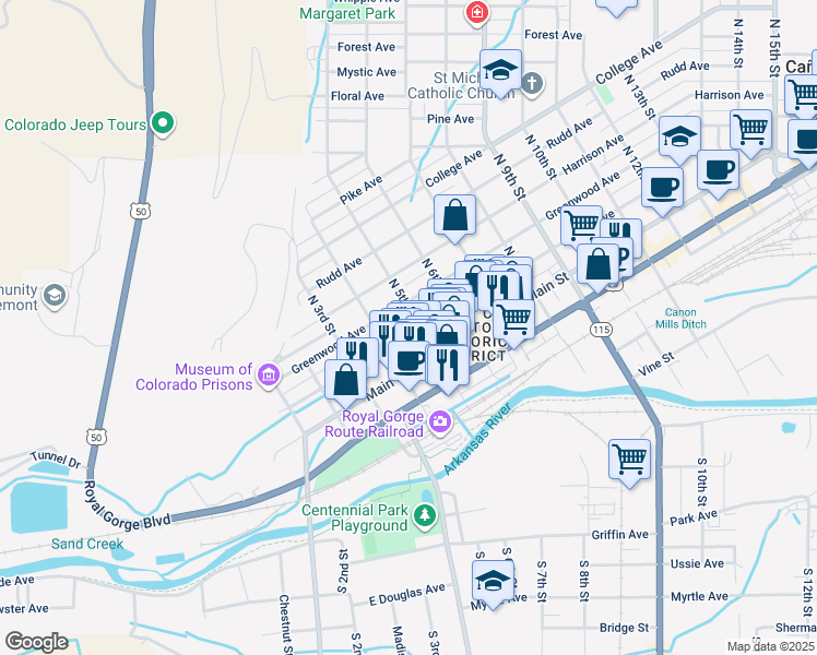 map of restaurants, bars, coffee shops, grocery stores, and more near 502 Greenwood Avenue in Cañon City