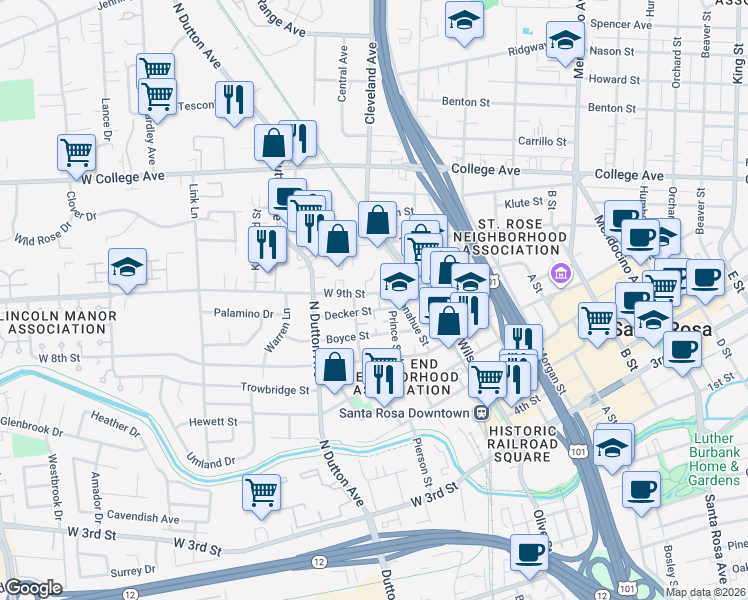 map of restaurants, bars, coffee shops, grocery stores, and more near 305 West 9th Street in Santa Rosa