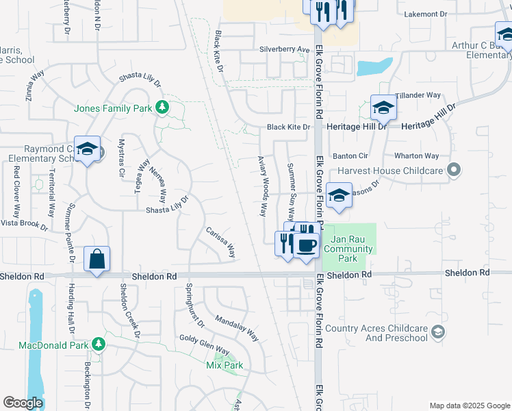 map of restaurants, bars, coffee shops, grocery stores, and more near 8812 Alder Grove Place in Elk Grove