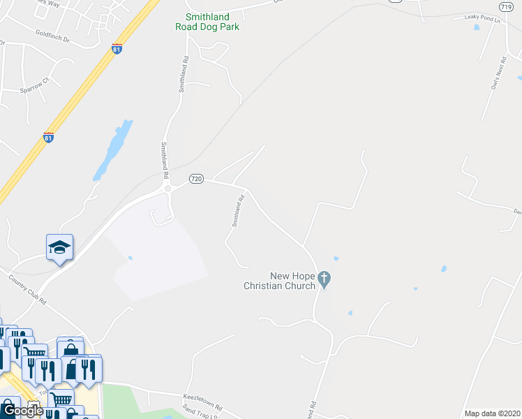 map of restaurants, bars, coffee shops, grocery stores, and more near 1260 Smithland Road in Harrisonburg