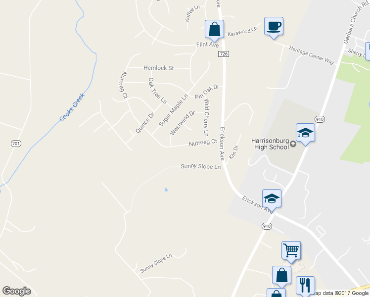 map of restaurants, bars, coffee shops, grocery stores, and more near 3015 Nutmeg Court in Harrisonburg