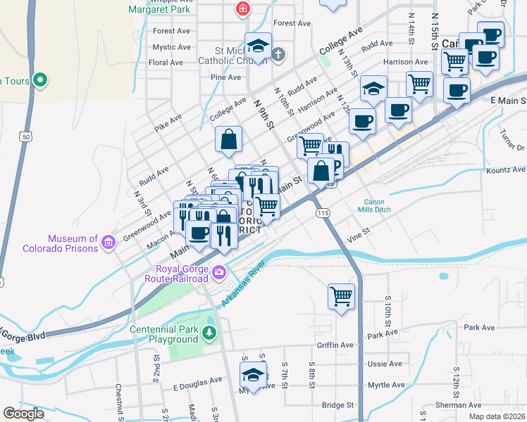 map of restaurants, bars, coffee shops, grocery stores, and more near 631 Main Street in Cañon City