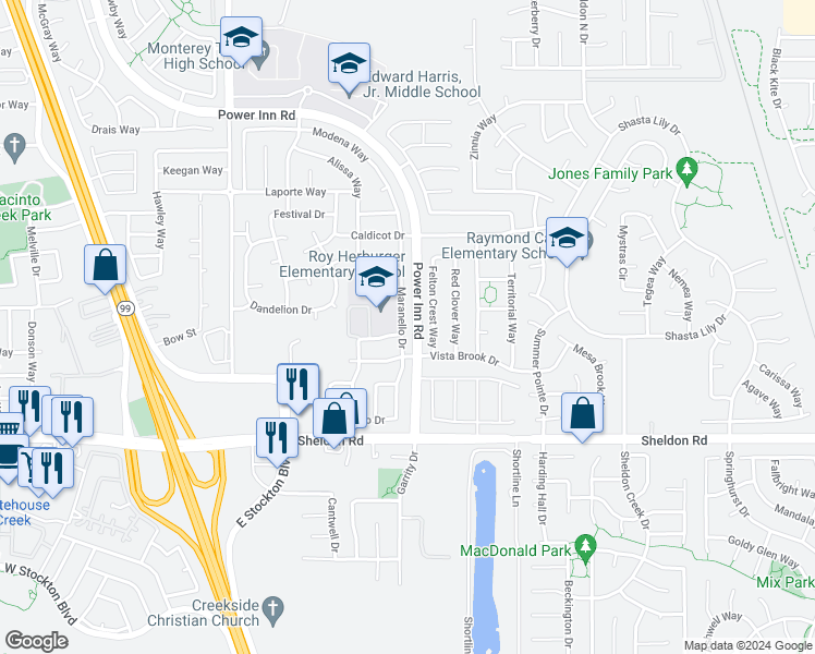 map of restaurants, bars, coffee shops, grocery stores, and more near 8695 Maranello Drive in Elk Grove