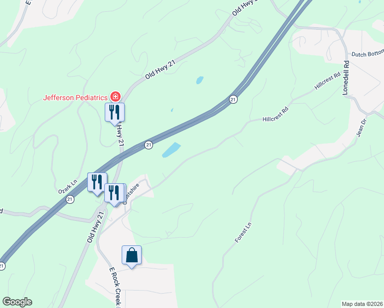 map of restaurants, bars, coffee shops, grocery stores, and more near 5007 Hillcrest Road in Arnold