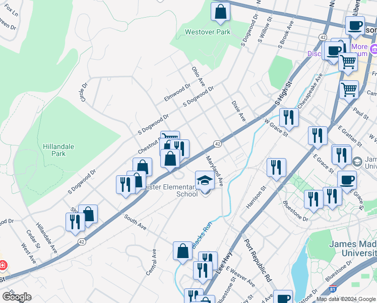 map of restaurants, bars, coffee shops, grocery stores, and more near 320 Sunrise Avenue in Harrisonburg