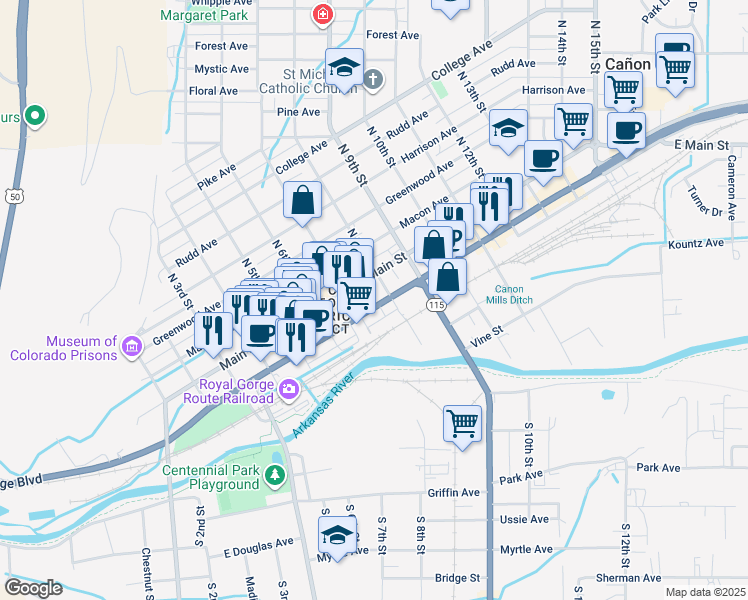 map of restaurants, bars, coffee shops, grocery stores, and more near 728 Main Street in Cañon City