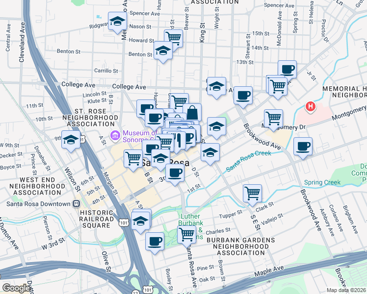 map of restaurants, bars, coffee shops, grocery stores, and more near 700 5th Street in Santa Rosa