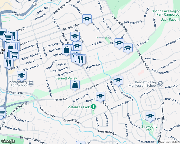 map of restaurants, bars, coffee shops, grocery stores, and more near 3900 Mayette Avenue in Santa Rosa