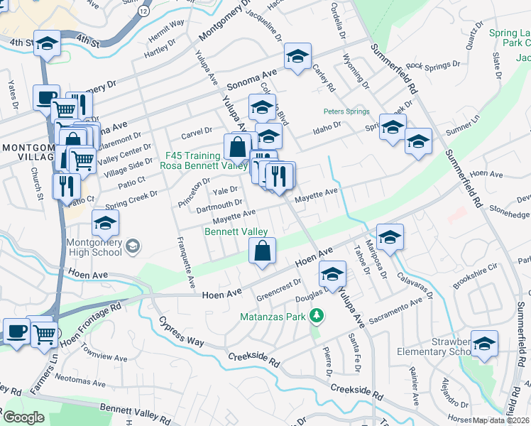 map of restaurants, bars, coffee shops, grocery stores, and more near 1185 Yulupa Avenue in Santa Rosa