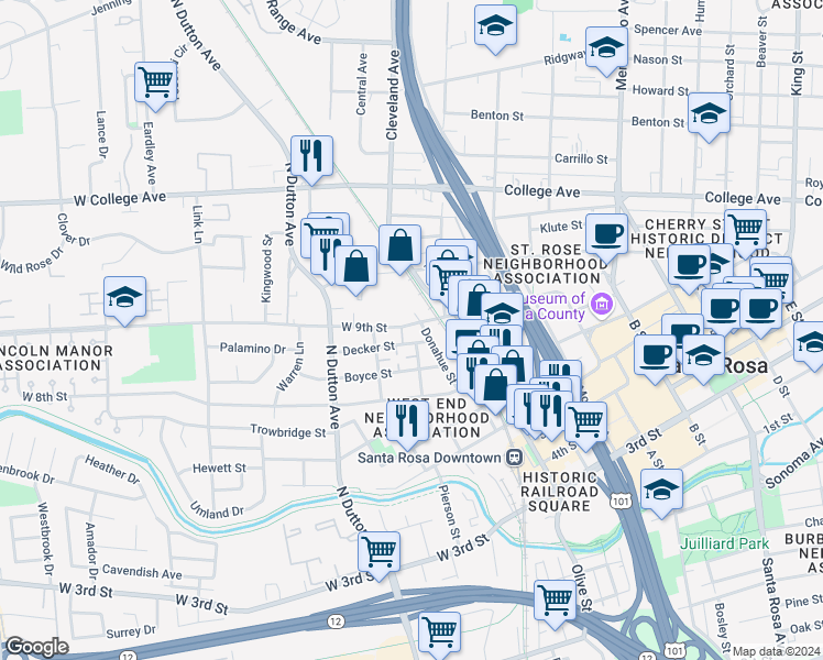 map of restaurants, bars, coffee shops, grocery stores, and more near 5 West 9th Street in Santa Rosa