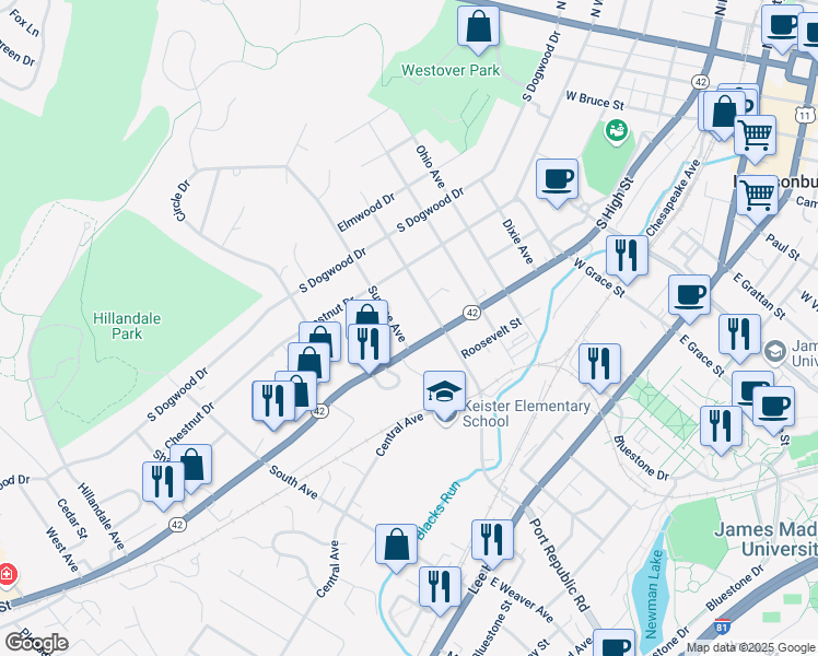 map of restaurants, bars, coffee shops, grocery stores, and more near 320 Sunrise Avenue in Harrisonburg