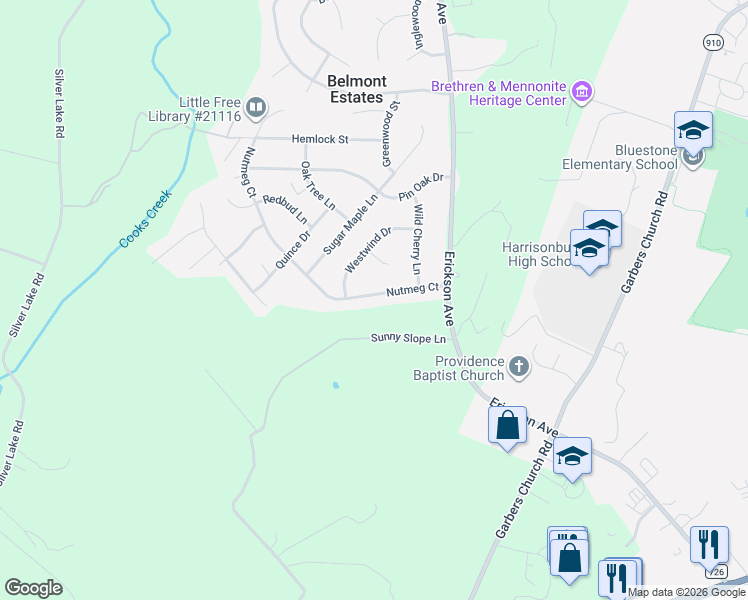 map of restaurants, bars, coffee shops, grocery stores, and more near 3000 Nutmeg Court in Harrisonburg