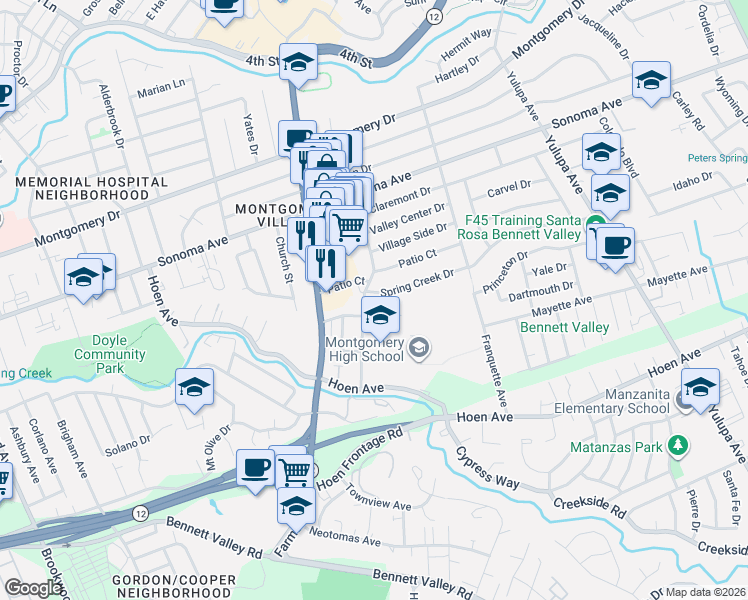 map of restaurants, bars, coffee shops, grocery stores, and more near 2508 Spring Creek Drive in Santa Rosa