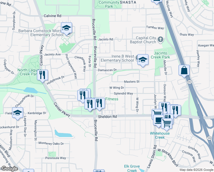 map of restaurants, bars, coffee shops, grocery stores, and more near 8375 West Wing Drive in Elk Grove