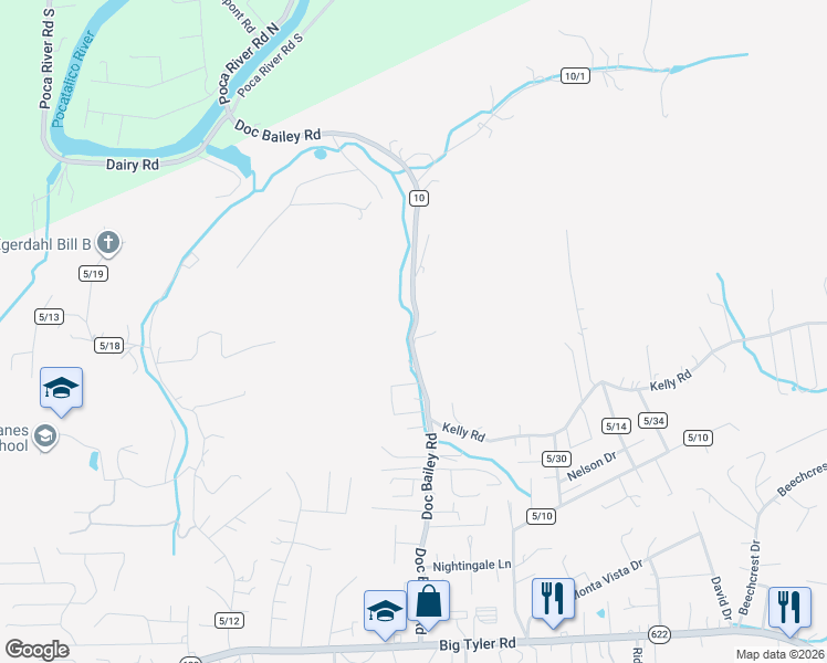 map of restaurants, bars, coffee shops, grocery stores, and more near 5300 Doc Bailey Road in Cross Lanes