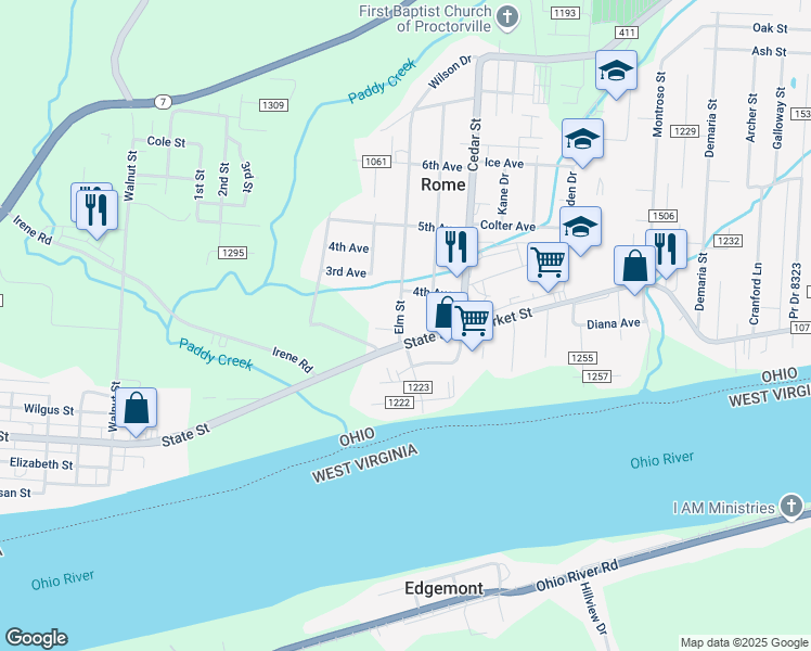 map of restaurants, bars, coffee shops, grocery stores, and more near 100 Township Road 1055 in Proctorville