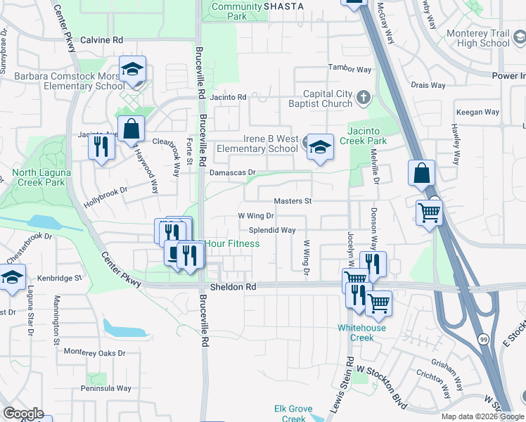 map of restaurants, bars, coffee shops, grocery stores, and more near 8445 West Wing Drive in Elk Grove