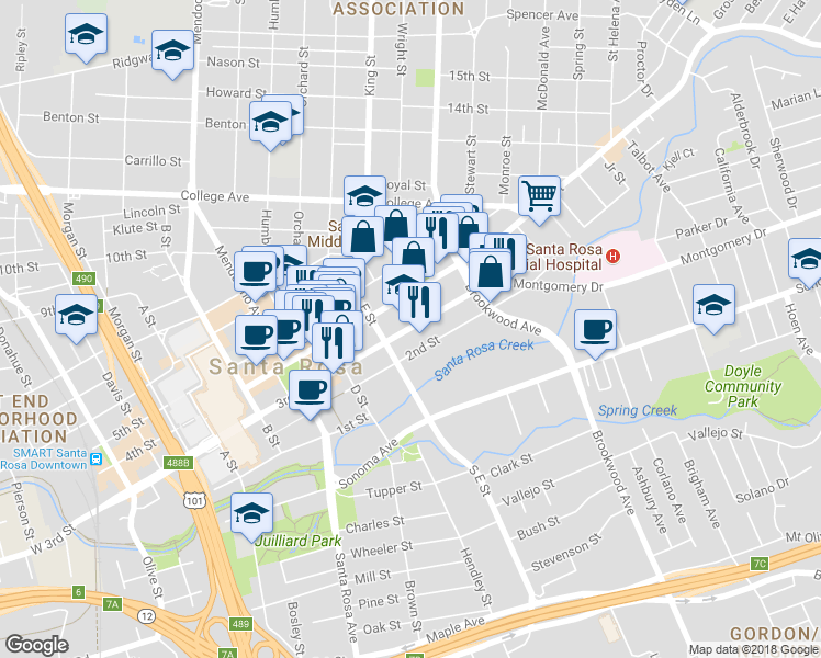 map of restaurants, bars, coffee shops, grocery stores, and more near 828 3rd Street in Santa Rosa