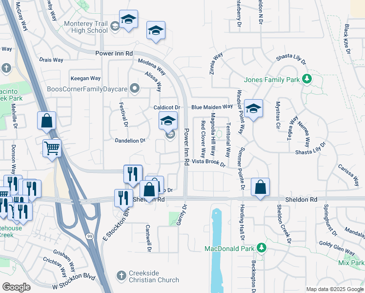 map of restaurants, bars, coffee shops, grocery stores, and more near 8457 Felton Crest Way in Elk Grove