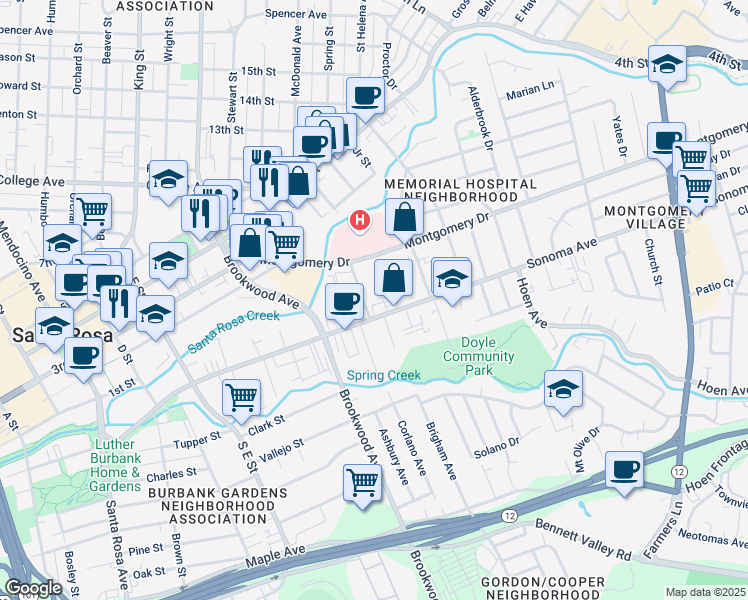 map of restaurants, bars, coffee shops, grocery stores, and more near 1111 Sonoma Avenue in Santa Rosa
