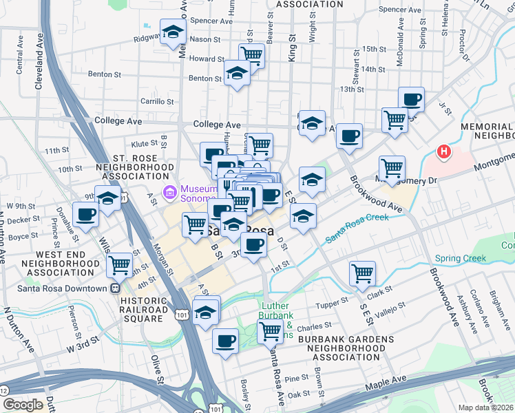 map of restaurants, bars, coffee shops, grocery stores, and more near 415 Humboldt Street in Santa Rosa