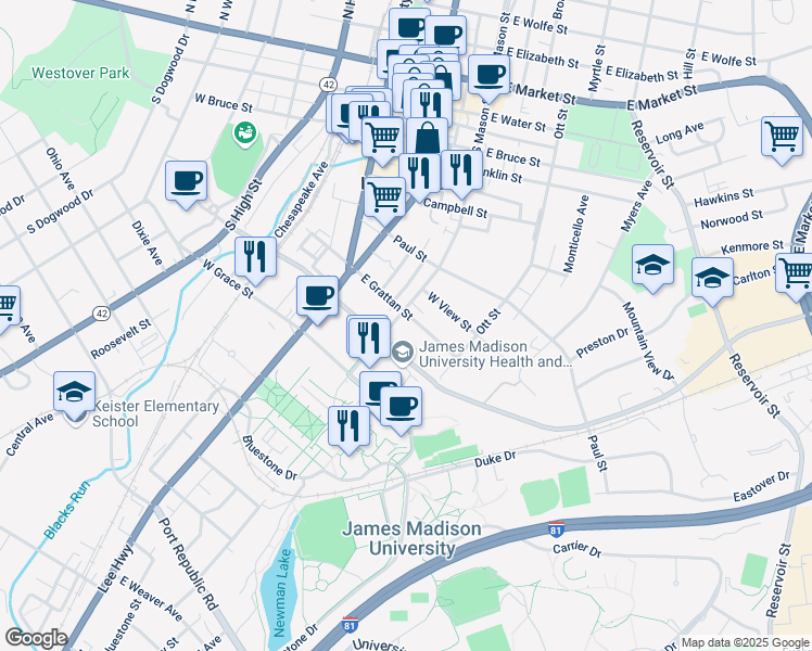 map of restaurants, bars, coffee shops, grocery stores, and more near 594 South Mason Street in Harrisonburg